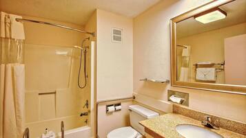 A bathroom with a shower, toilet, sink, and mirror.