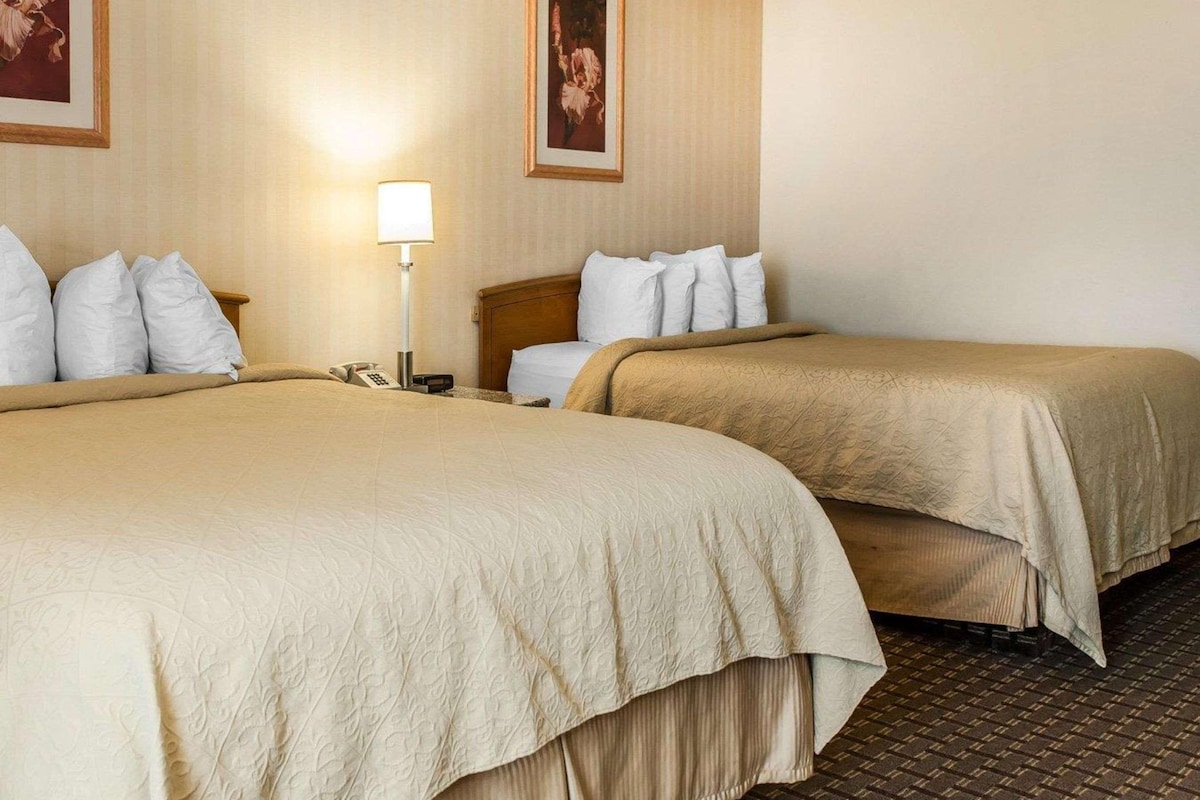 A hotel room with two beds, a nightstand with a lamp, and two framed pictures on the wall.
