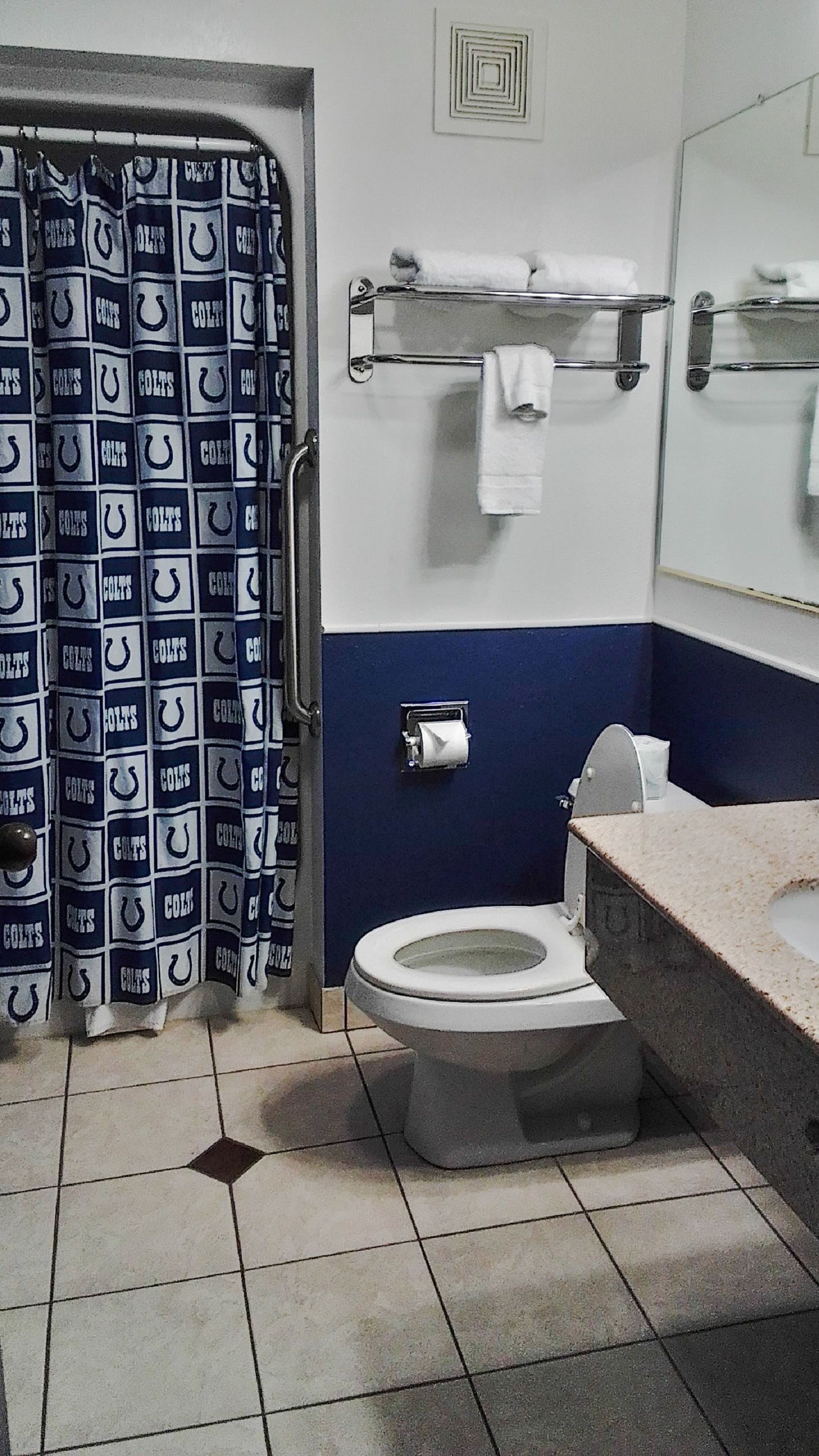 Un baño con inodoro, toallero y cortina de ducha con el logo de un equipo deportivo.