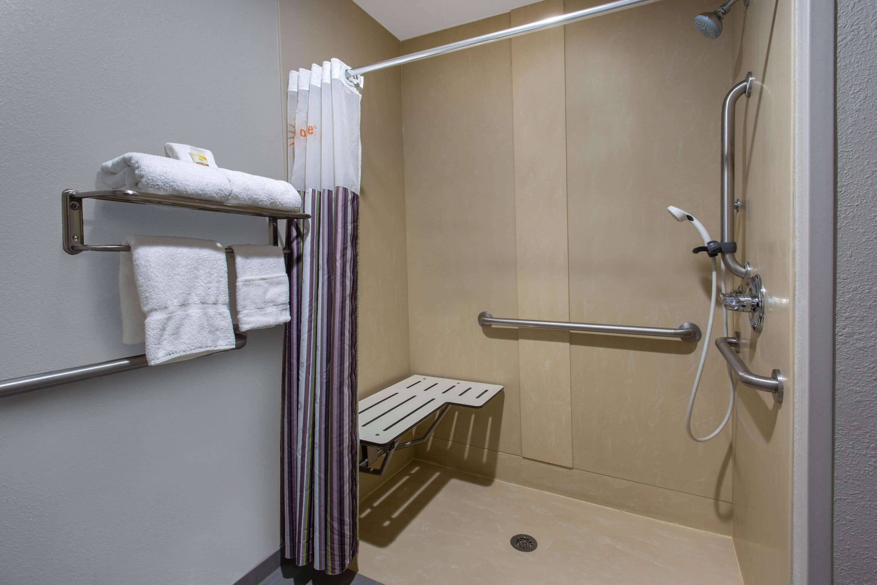 combined shower/bathtub, free toiletries, hair dryer, towels