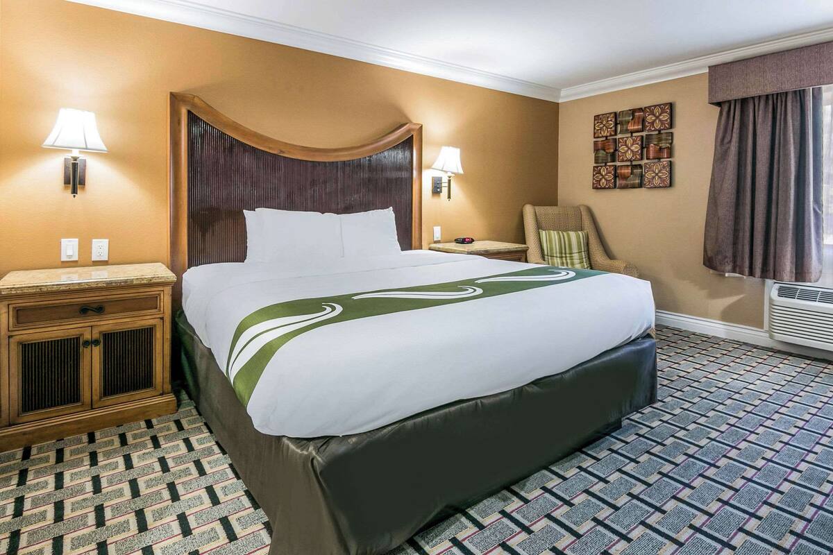 Quarto de hotel com uma cama grande, duas mesas de cabeceira, uma cadeira e uma obra de arte pendurada na parede.