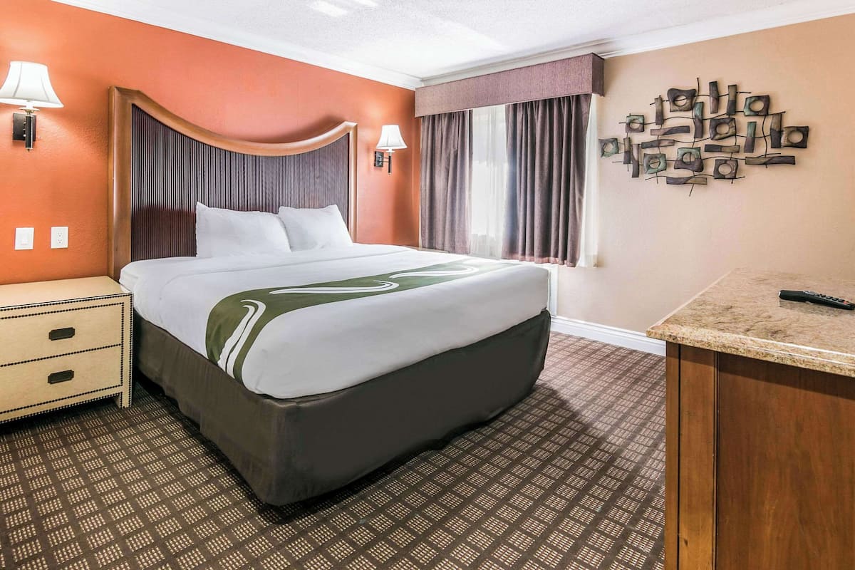 Quarto de hotel com uma cama grande, mesa de cabeceira, escrivaninha e uma obra de arte na parede.