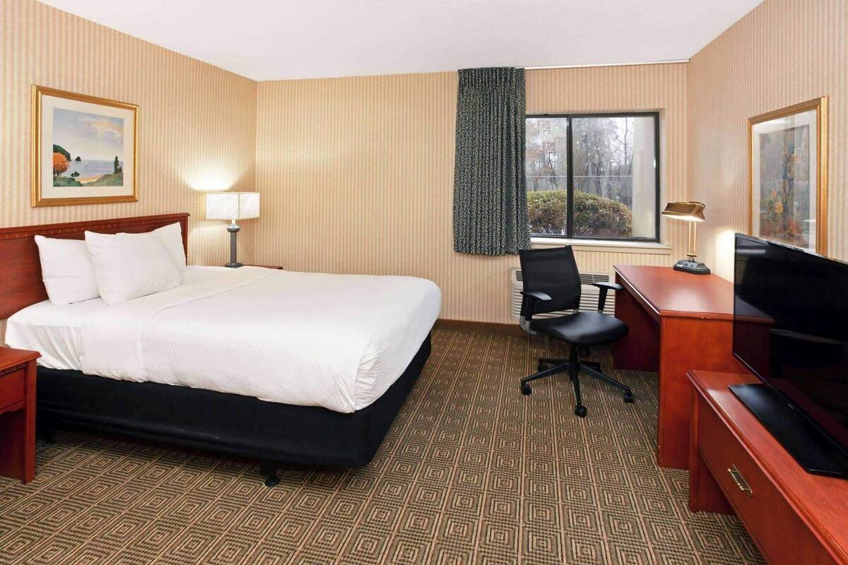 A hotel room with a bed, desk, chair, TV, and a window with curtains.