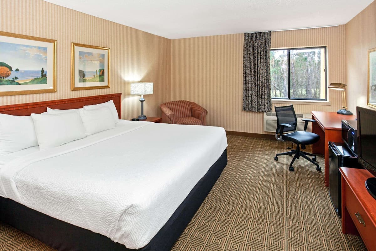 A hotel room with a large bed, a desk with a computer, a chair, a TV, and two framed pictures on the wall.