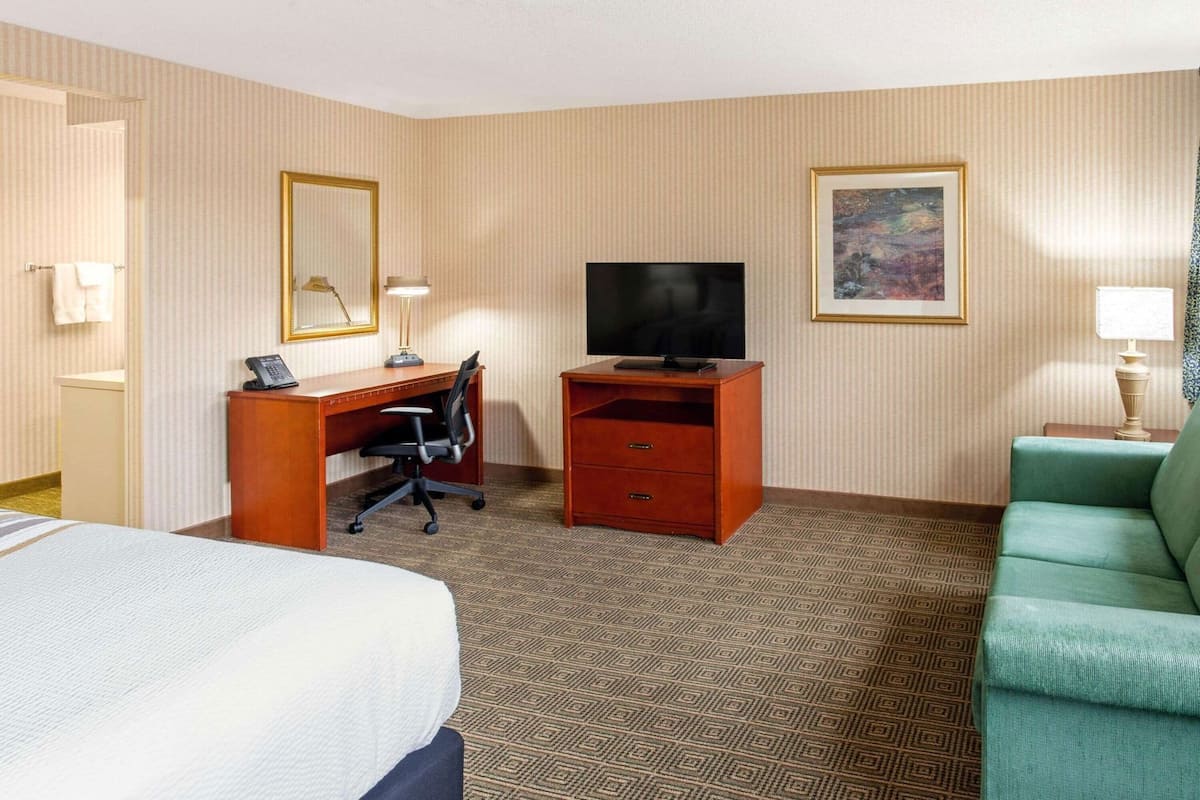 A hotel room with a bed, a desk with a chair, a television, a sofa, and a painting on the wall.