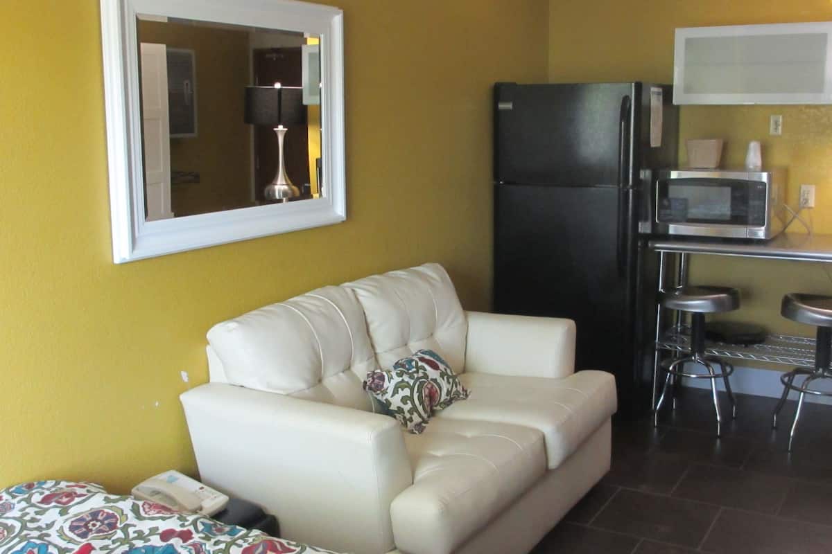 Un espace de vie compact comprenant un canapé, une petite kitchenette et un miroir au mur.