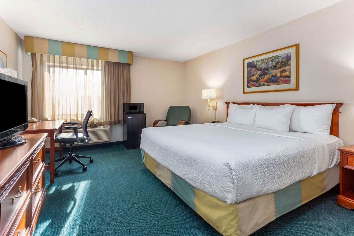 A hotel room with a bed, a desk with a TV, a chair, a microwave, and a painting on the wall.