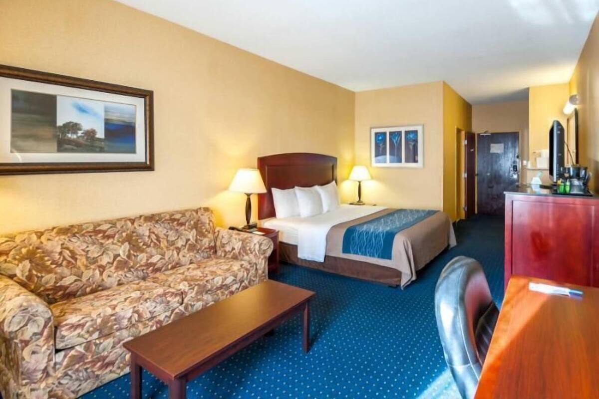 A hotel room with a bed, a sofa, a desk, and a TV.