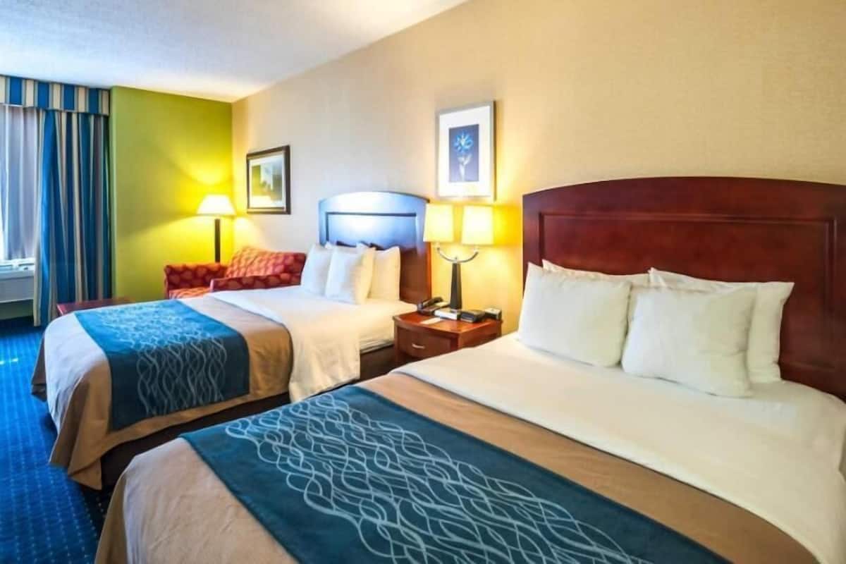 A hotel room with two beds, a nightstand, a lamp, and a framed picture on the wall.