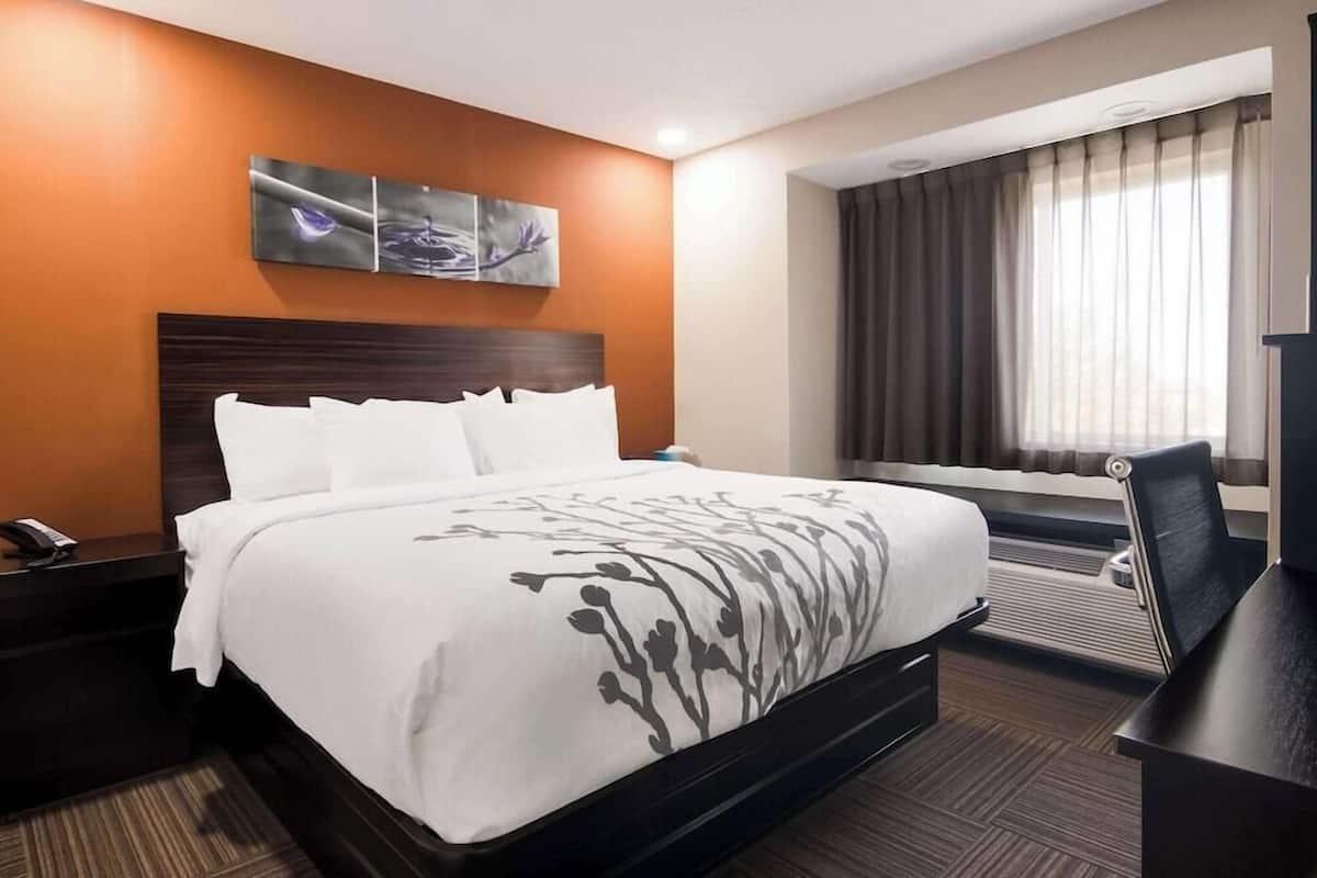 A hotel room with a large bed, a desk, a chair, a nightstand, and a window with curtains.