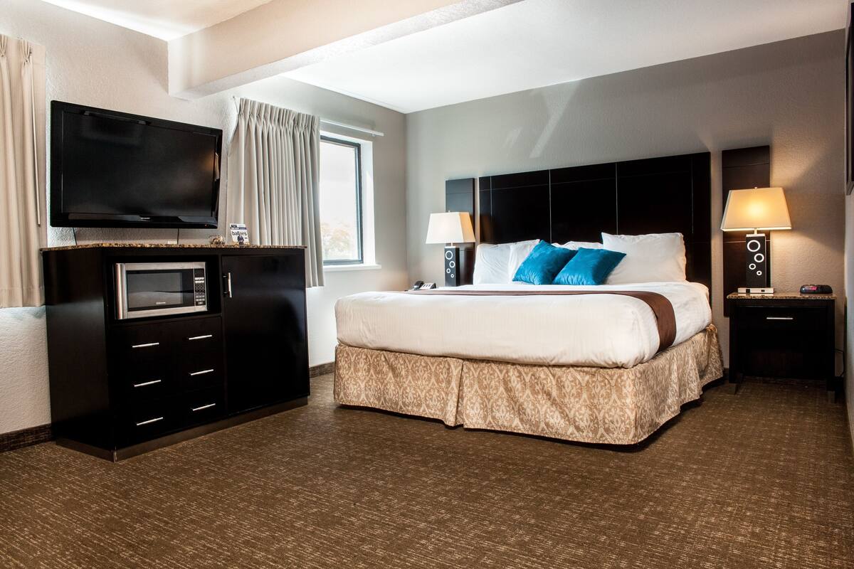 A hotel room with a large bed, a flat-screen TV, a microwave, and a desk with a lamp.