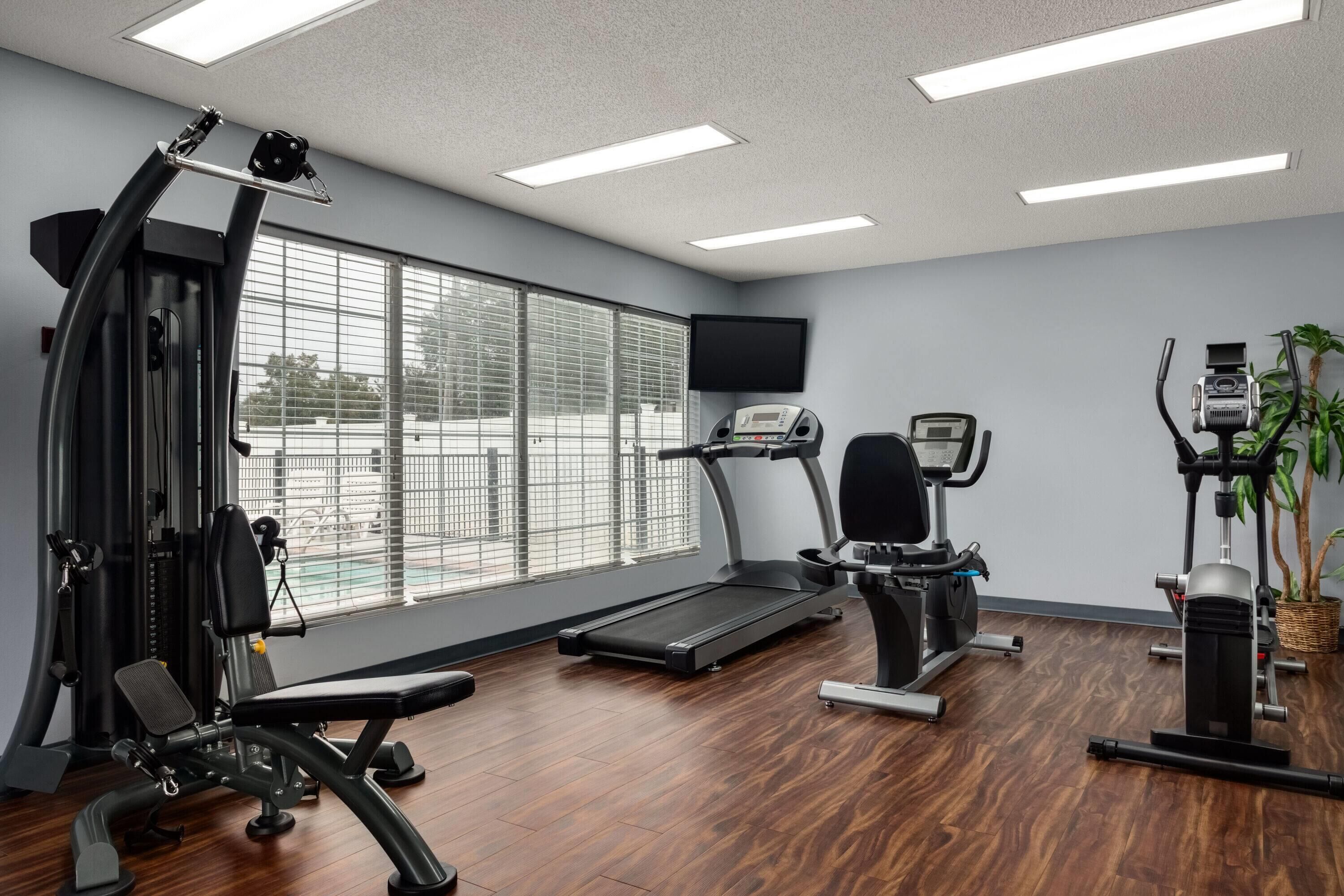 A gym with a treadmill, weight machines, and a bench.