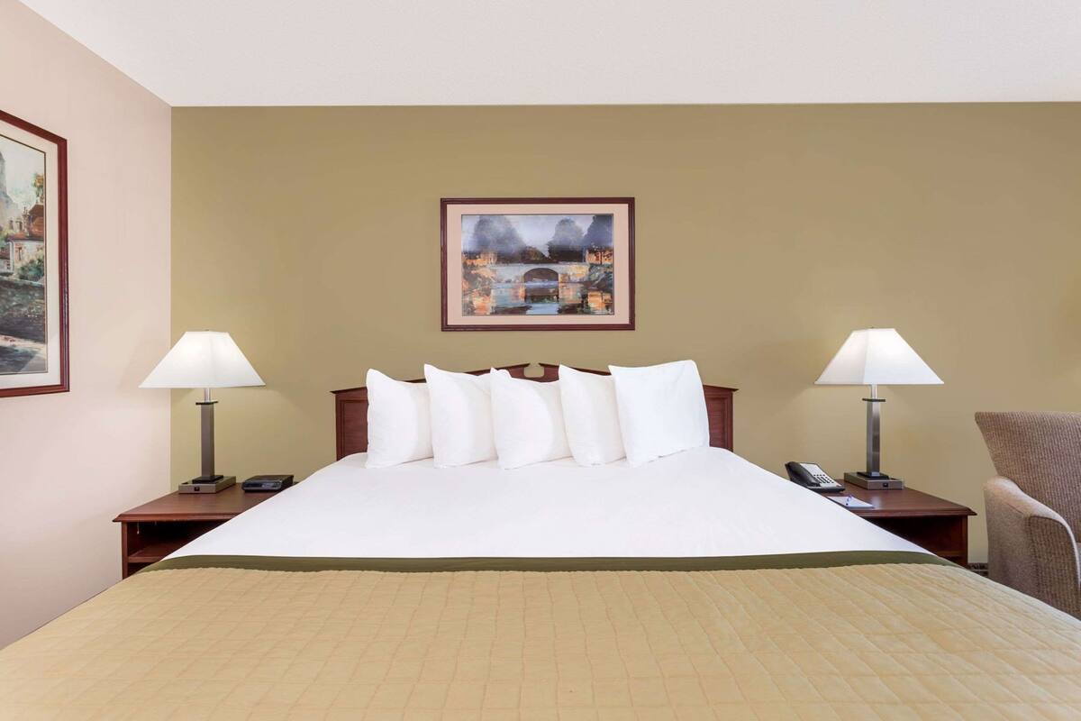 A hotel room with a large bed, two bedside tables, a chair, a painting on the wall, and a lamp on each bedside table.