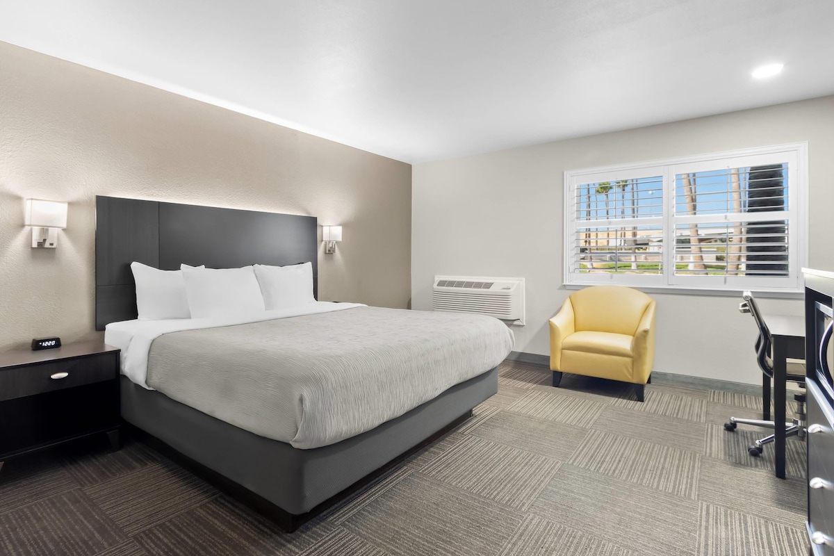 A hotel room with a bed, bedside table, lamp, chair, desk, and window with blinds.