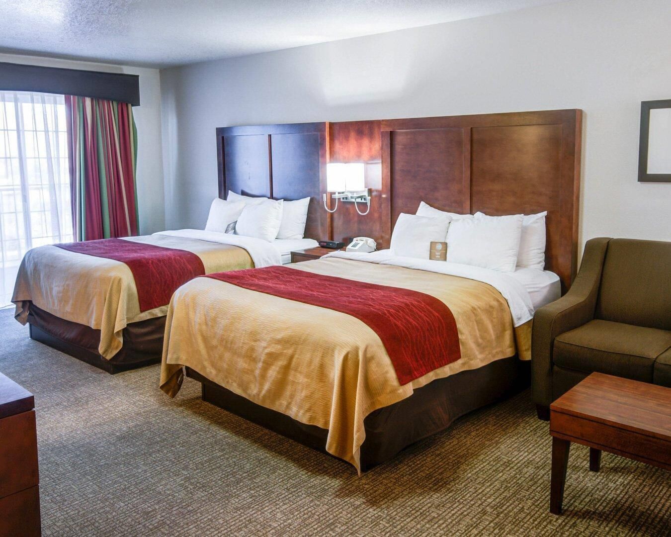 Premium bedding, pillowtop beds, desk, blackout drapes