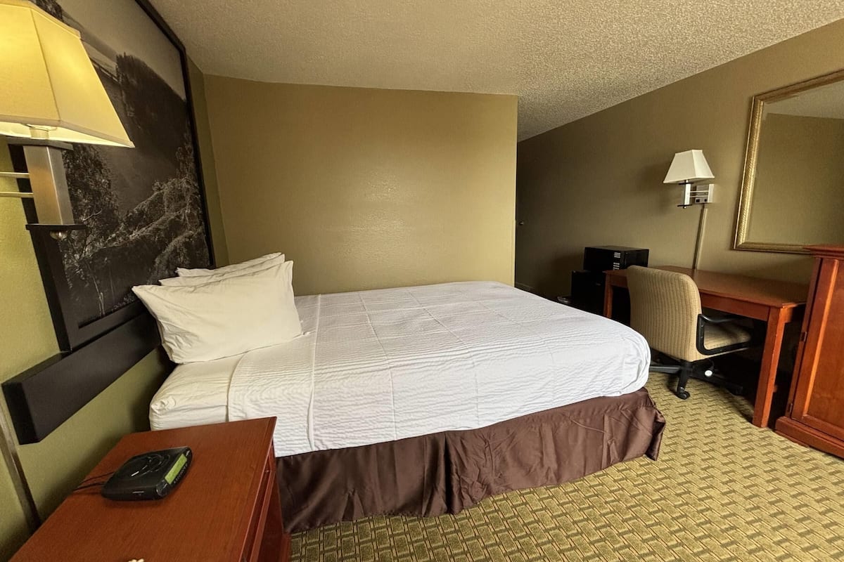 A hotel room with a bed, a desk with a lamp, a chair, a desk lamp, a mirror, and a wall with a framed picture.