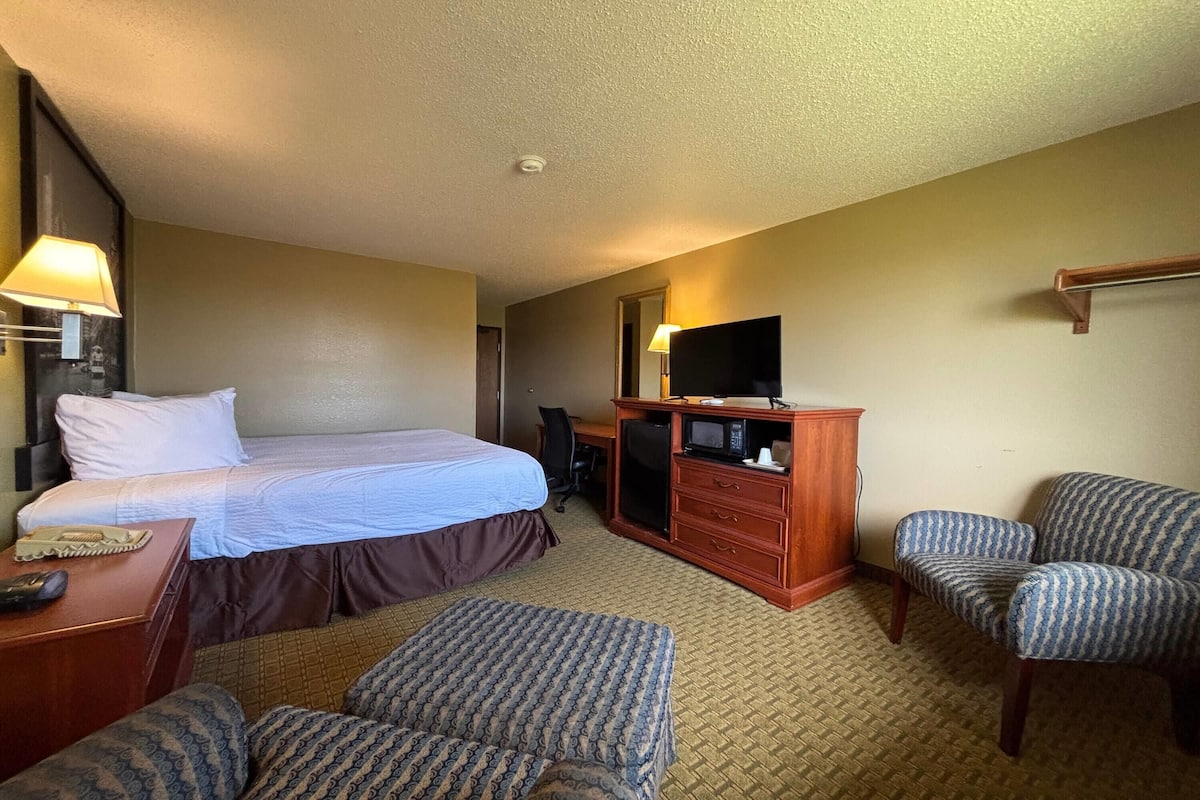 A hotel room with a bed, a desk with a lamp, a TV, a dresser, and two patterned chairs.