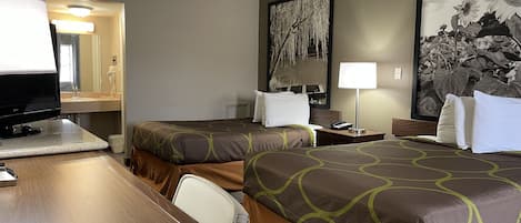 Desk, laptop workspace, blackout drapes, iron/ironing board