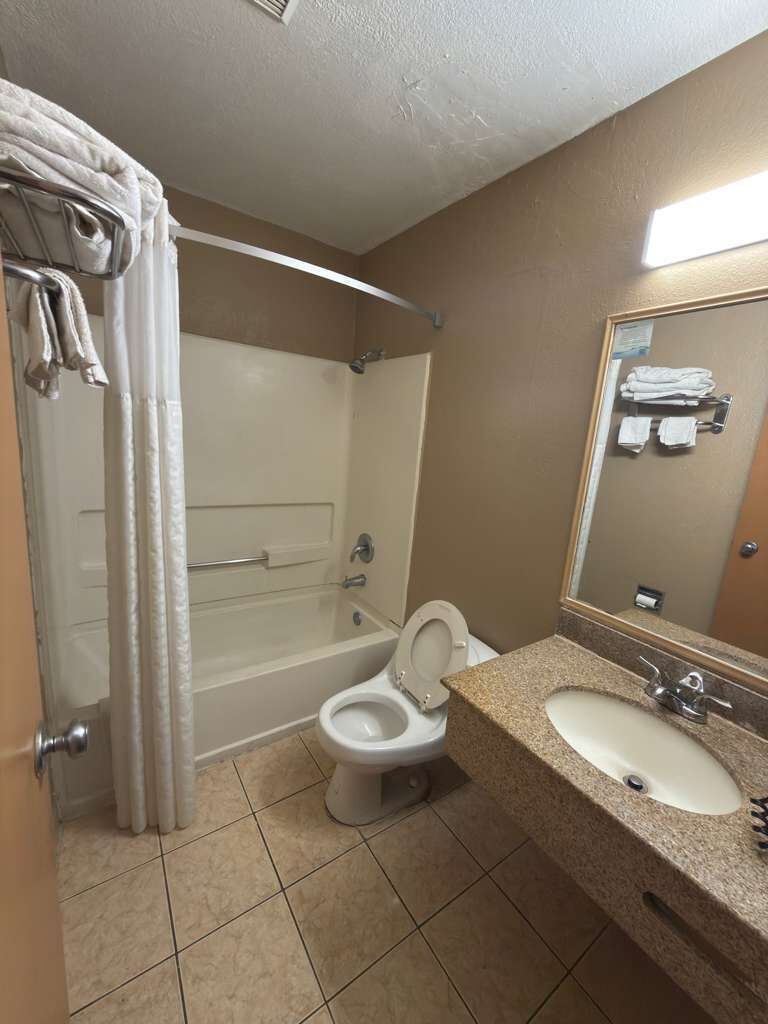 Un baño con ducha, inodoro, lavabo y espejo.