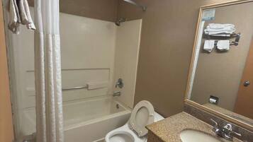 Un baño con ducha, inodoro, lavabo y espejo.