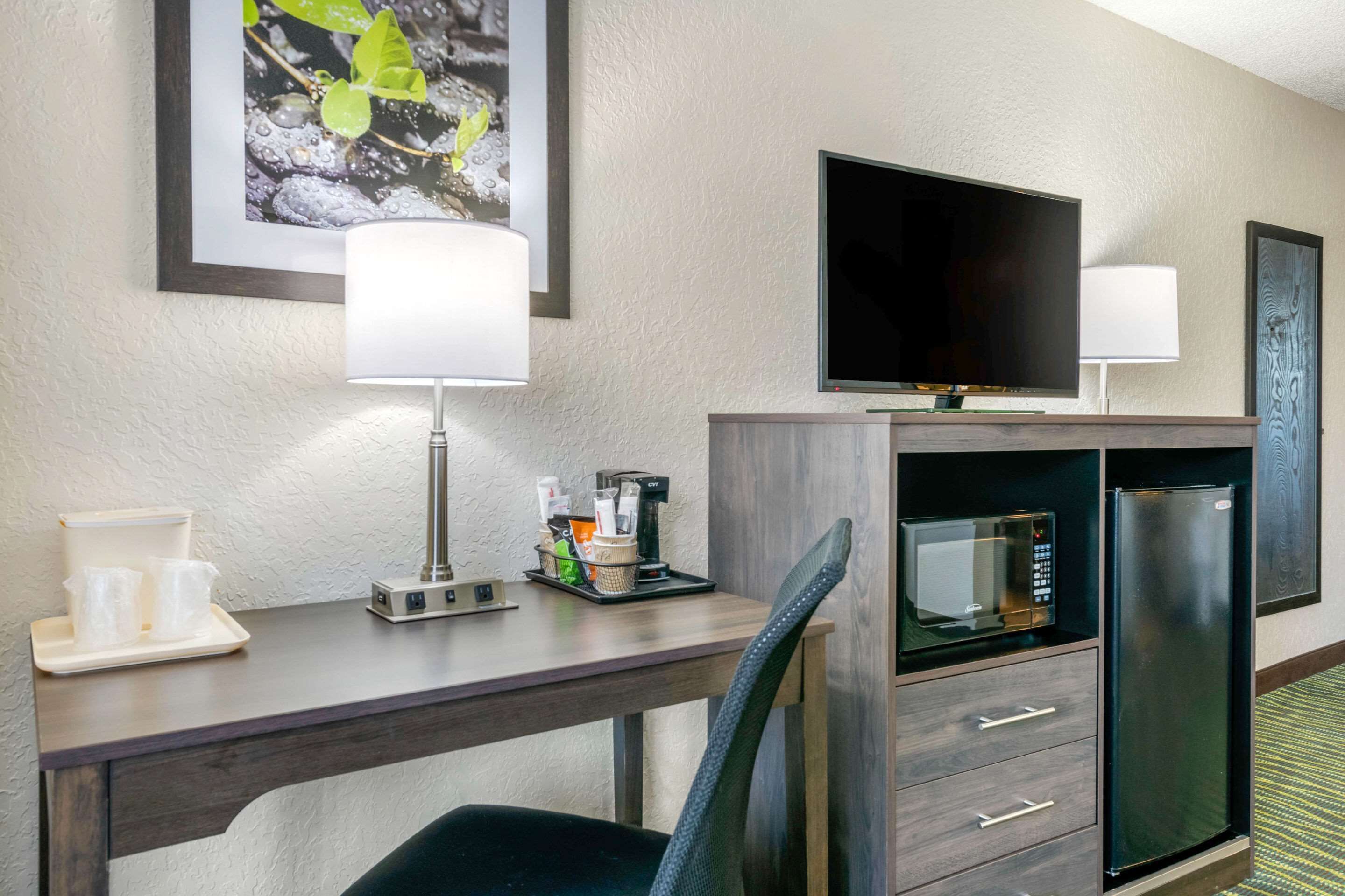 Une chambre d’hôtel équipée d’un bureau, de deux lampes, d’une télévision, d’un four à micro-ondes et d’un réfrigérateur.