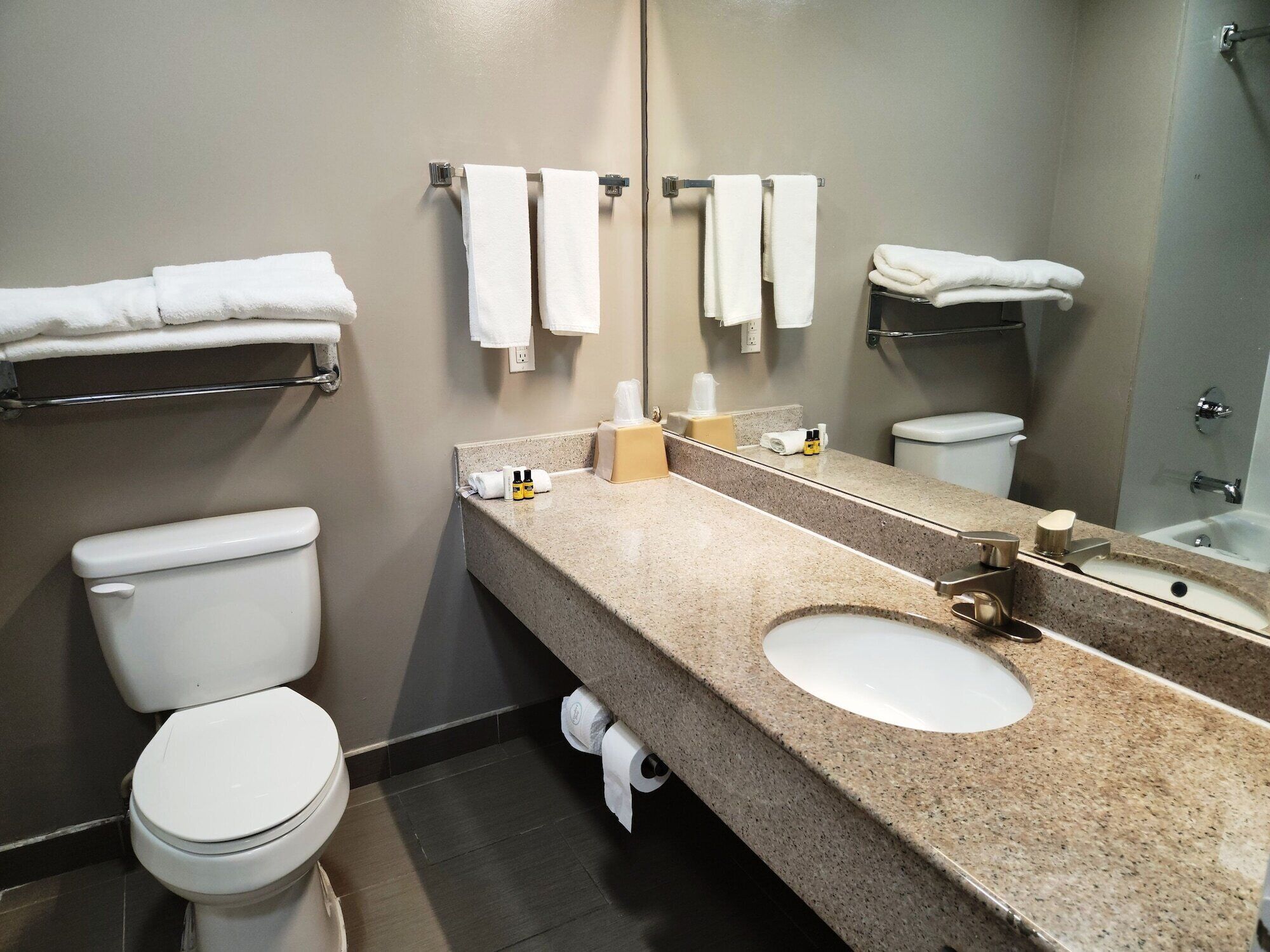 Un baño moderno con lavamanos doble, inodoro y un espejo grande.