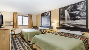 Habitación de hotel con dos camas, un escritorio, una silla, un televisor y un cuadro grande con una cascada en la pared.
