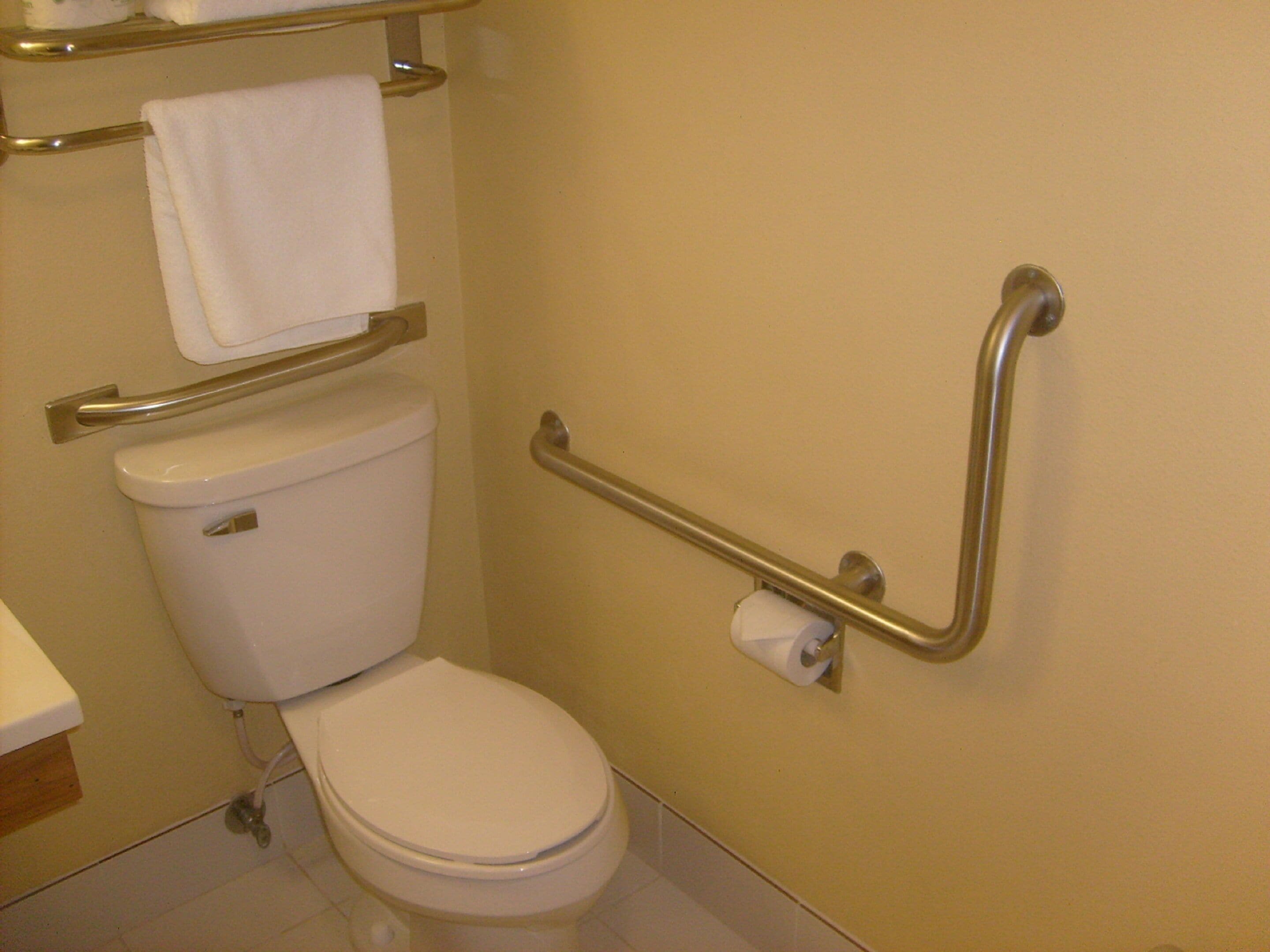 Un baño con inodoro blanco, barra de apoyo, toallero y dispensador de papel higiénico.