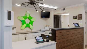 Una zona de recepción con diseño moderno, que incluye un quiosco digital, un gran panel decorativo verde y un televisor de pantalla plana montado en la pared.