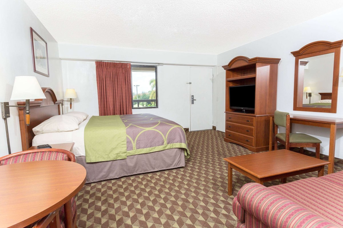 A hotel room with a bed, a desk, a chair, a television, and a mirror.