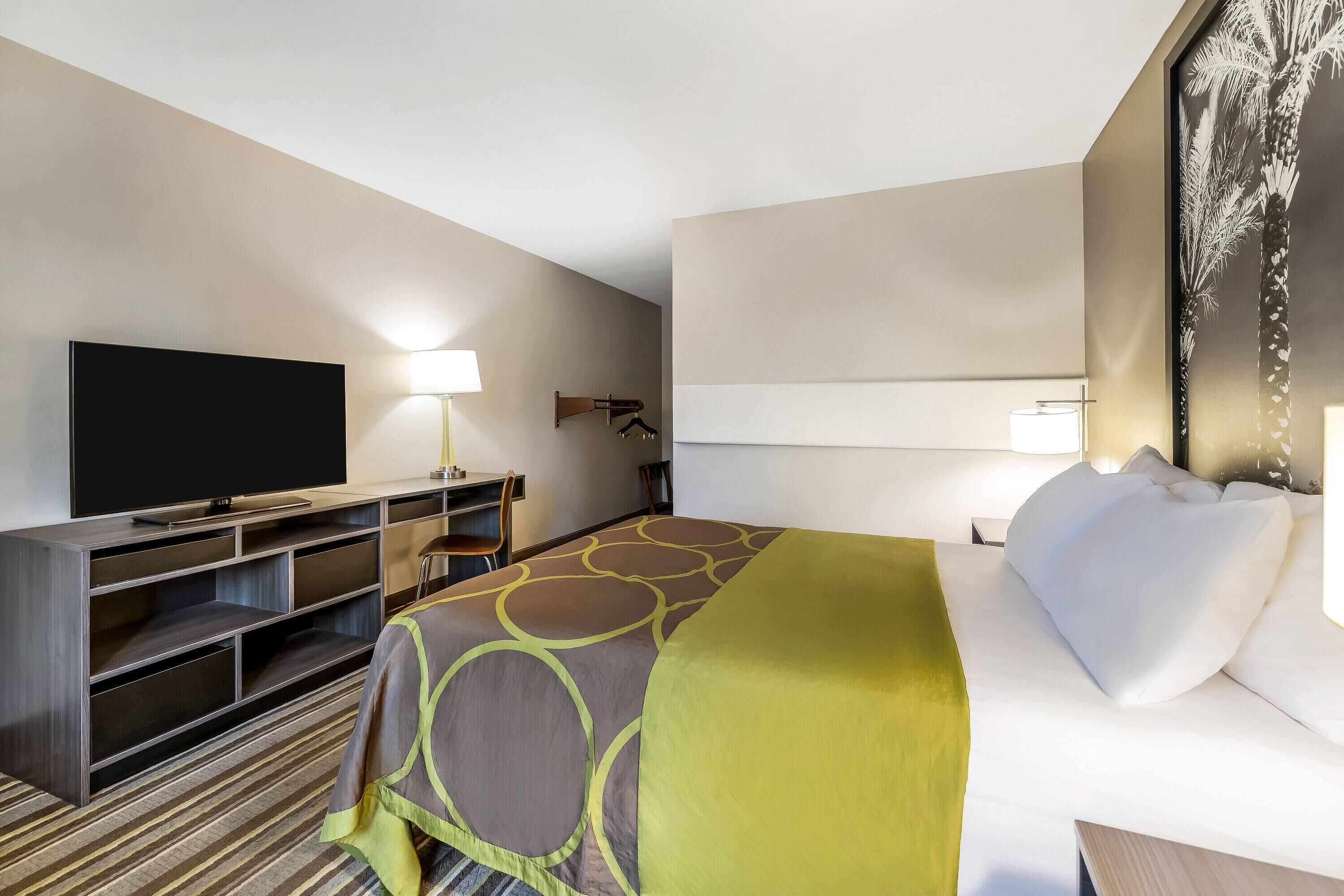 Une chambre d’hôtel avec un lit, une télévision, un bureau et une chaise.