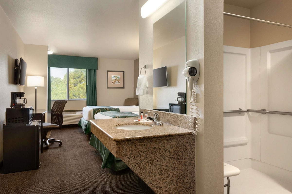 A hotel room with a bed, a desk, a chair, a sink, a mirror, a hairdryer, and a window with a view of trees.