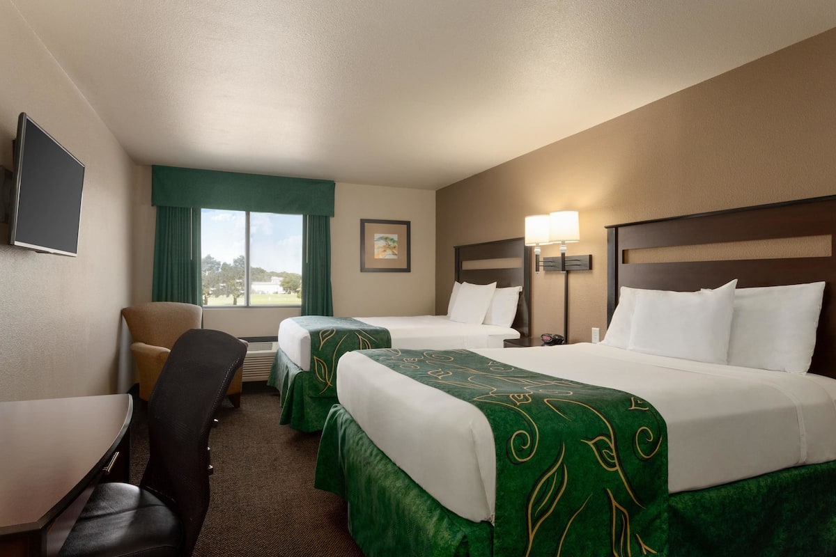 A hotel room with two beds, a desk, a chair, a TV, and a window with a view.