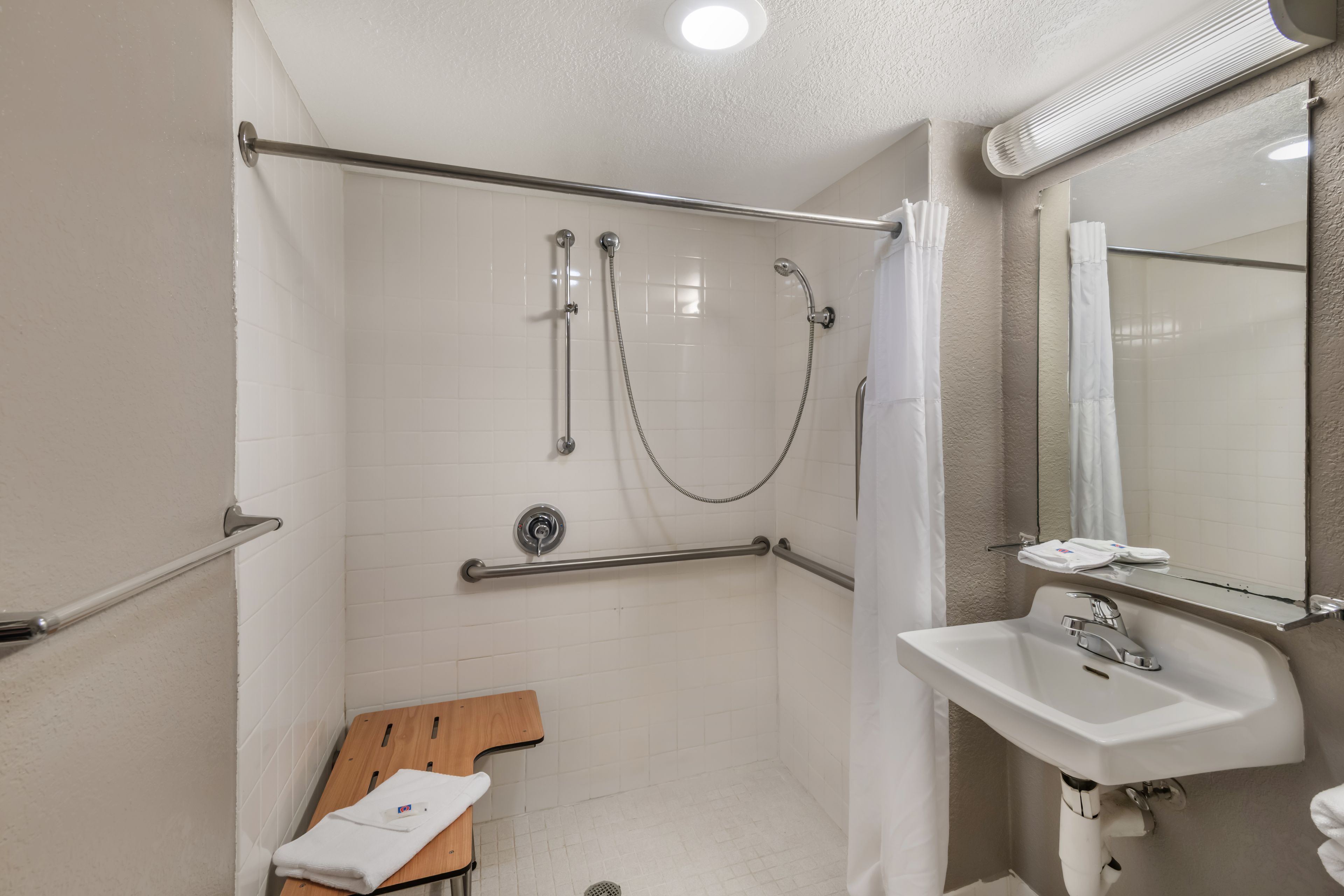 Une salle de bain équipée d’une douche, de barres d’appui, d’un lavabo et d’un miroir.