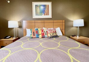 Hypo-allergenic bedding, desk, blackout drapes, iron/ironing board