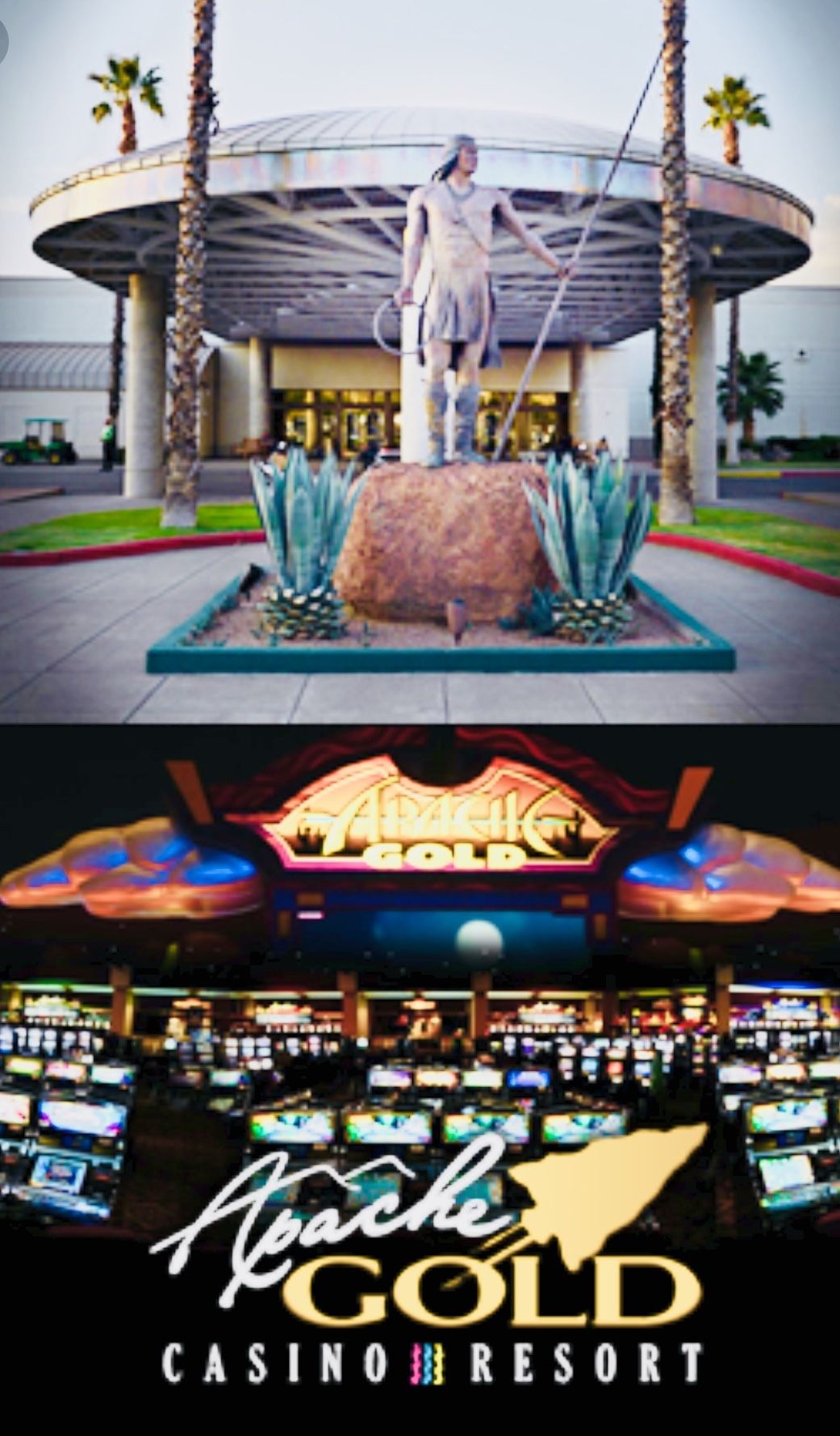 A casino resort with a large outdoor statue, a modern building with palm trees, and a vibrant interior with slot machines.