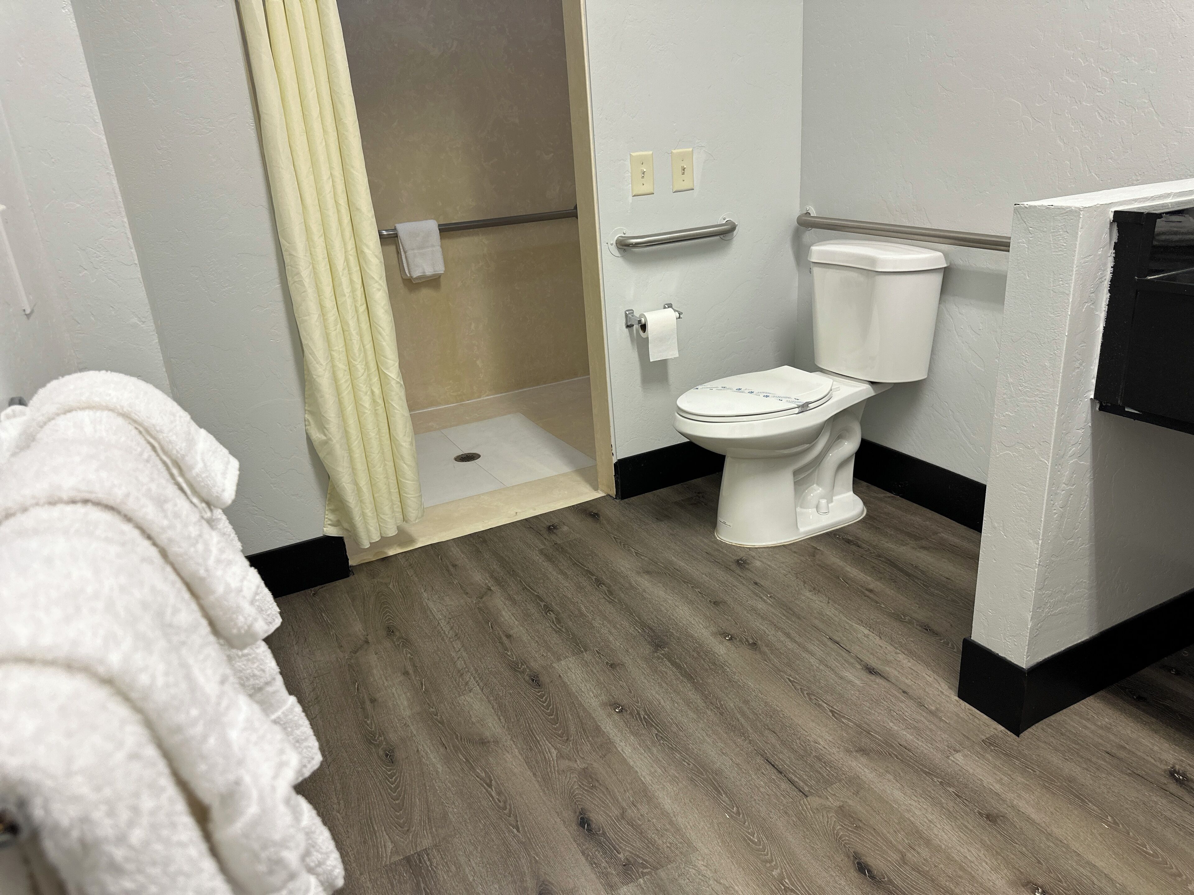 A bathroom with a toilet, shower, and towel rack.