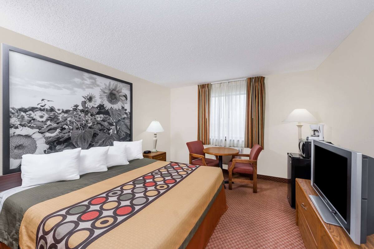 A hotel room with a bed, a TV, a desk with a chair, and a large framed picture on the wall.