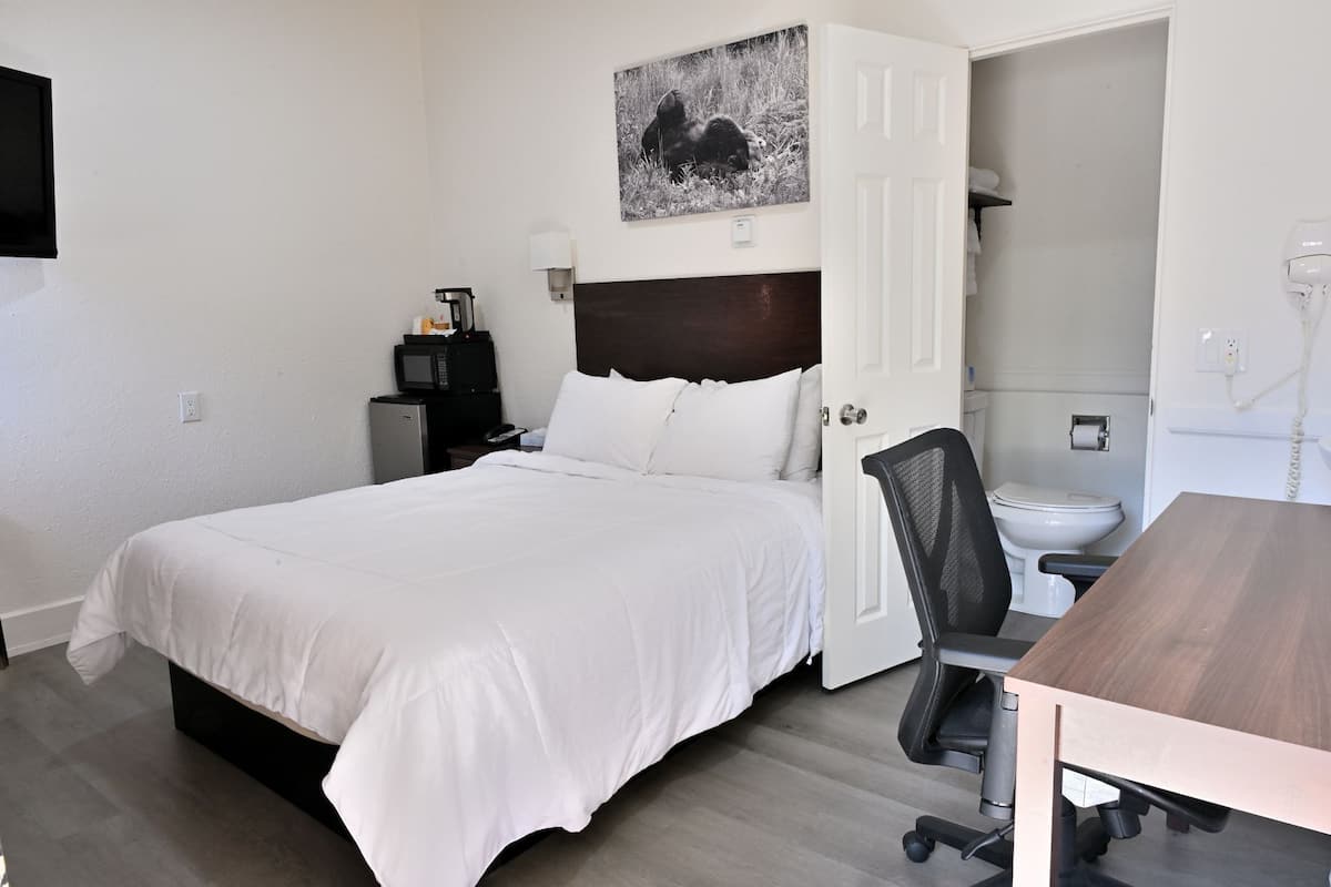 A hotel room with a bed, a desk, a chair, a microwave, a refrigerator, a painting, and a bathroom.