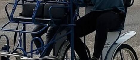 A person riding a bicycle cart with a canopy.
