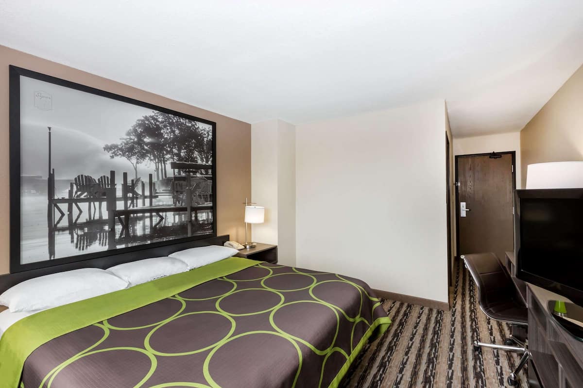 Une chambre d’hôtel avec un grand lit, un bureau avec une télévision, une chaise et un tableau représentant un quai et des arbres accroché au mur.