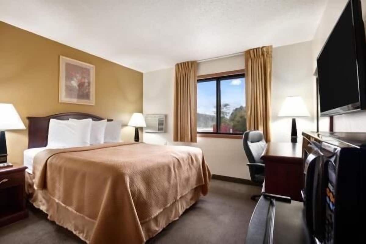 Une chambre d’hôtel équipée d’un lit, d’un bureau, d’une chaise, d’une télévision et d’une fenêtre avec des rideaux.