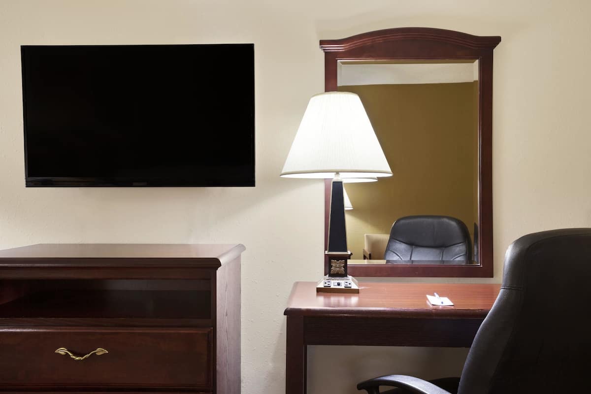 Une chambre d’hôtel équipée d’un téléviseur à écran plat fixé au mur, d’un bureau avec une lampe, d’un miroir et d’une chaise.