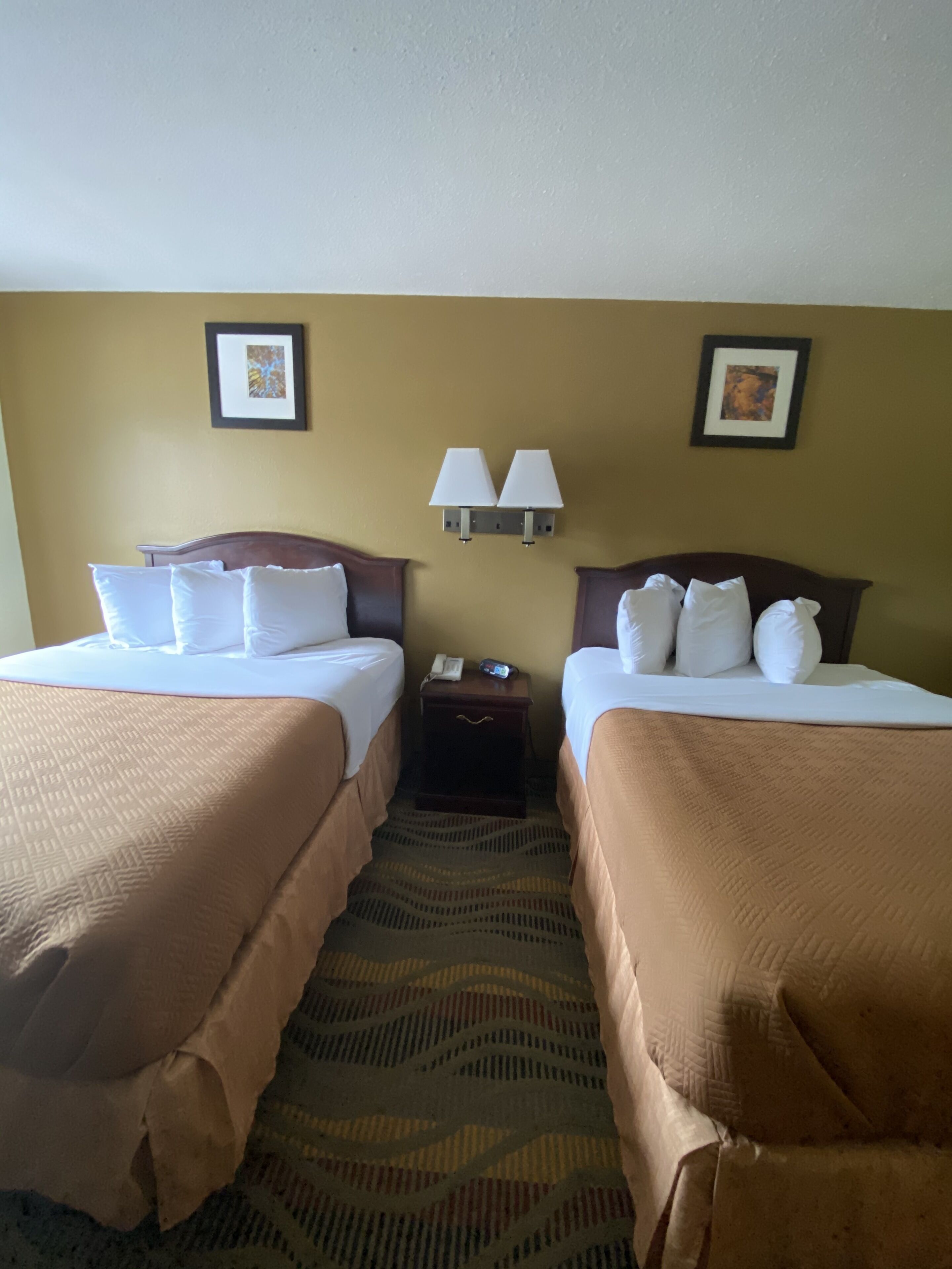 Habitación de hotel con dos camas, ropa de cama color crema, alfombra estampada, dos lámparas de pared y una mesita de noche con teléfono y despertador.