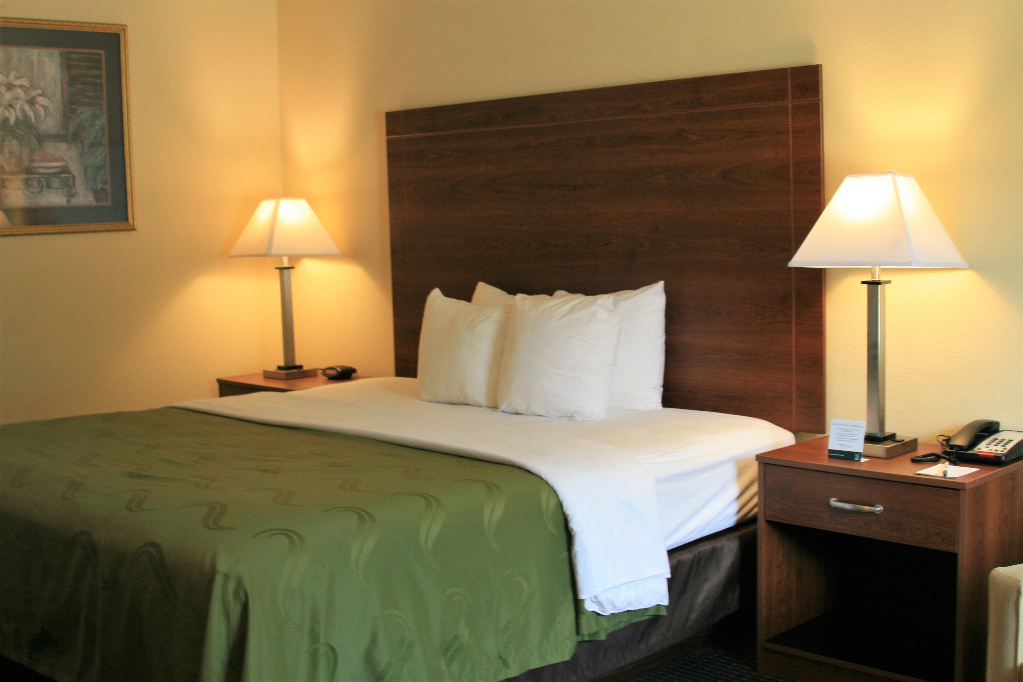 A hotel room with a bed, two bedside lamps, a nightstand with a phone, and a framed picture on the wall.