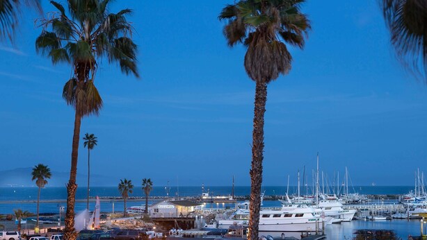 A marina with boats docked, palm trees, and a building labeled "Sea Landing." - West Beach Inn, a Coast Hotel (Santa Barbara)