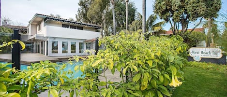 Un hotel moderno con piscina, rodeado de exuberante vegetación y palmeras.