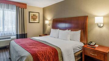 A hotel room with a bed, a nightstand, a telephone, a framed picture on the wall, and a window with curtains.