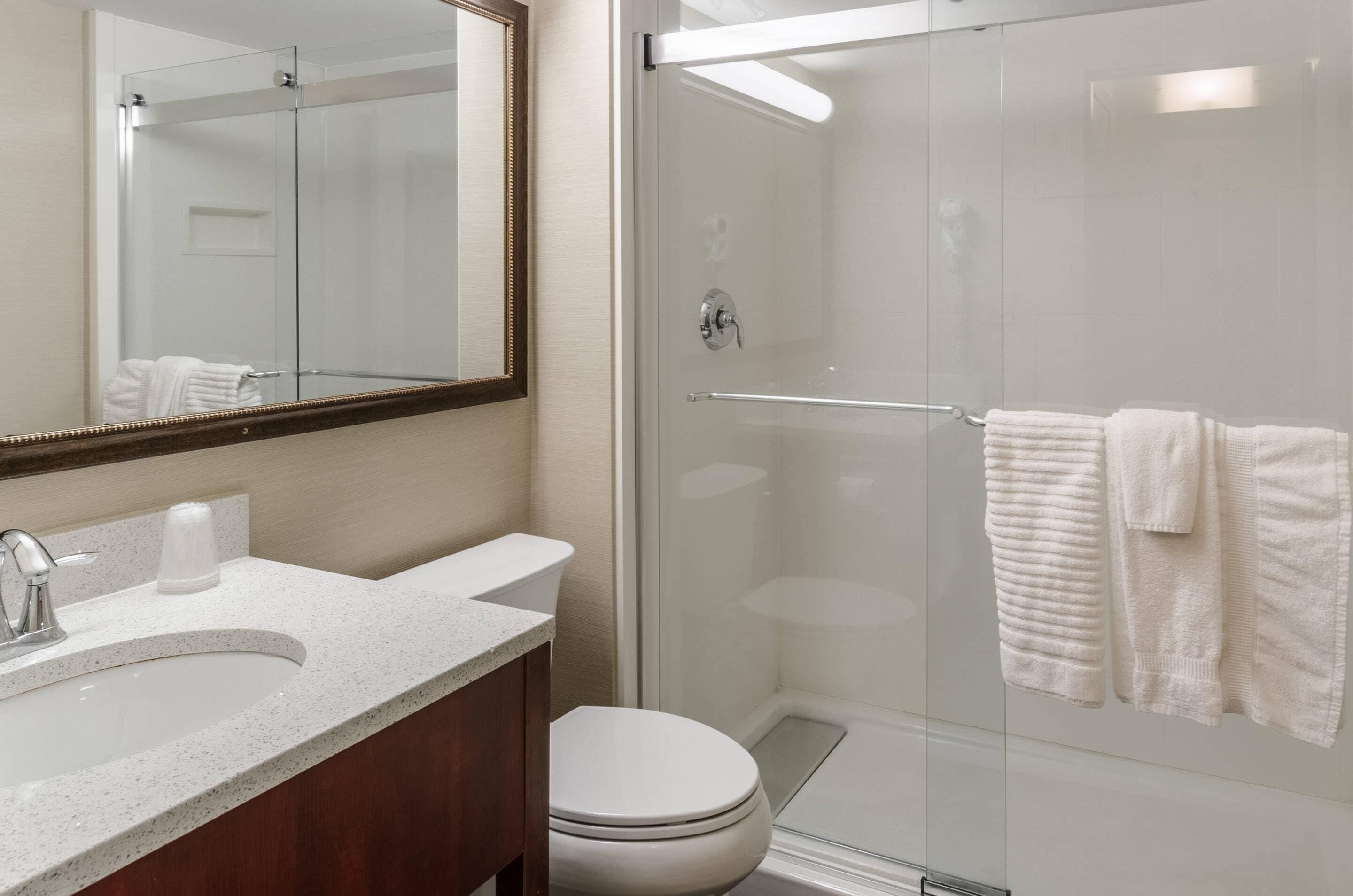 Une salle de bain moderne avec une douche à parois de verre, un lavabo blanc et des toilettes.