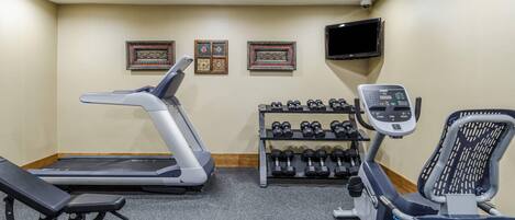 A gym with treadmills, dumbbells, and exercise equipment.